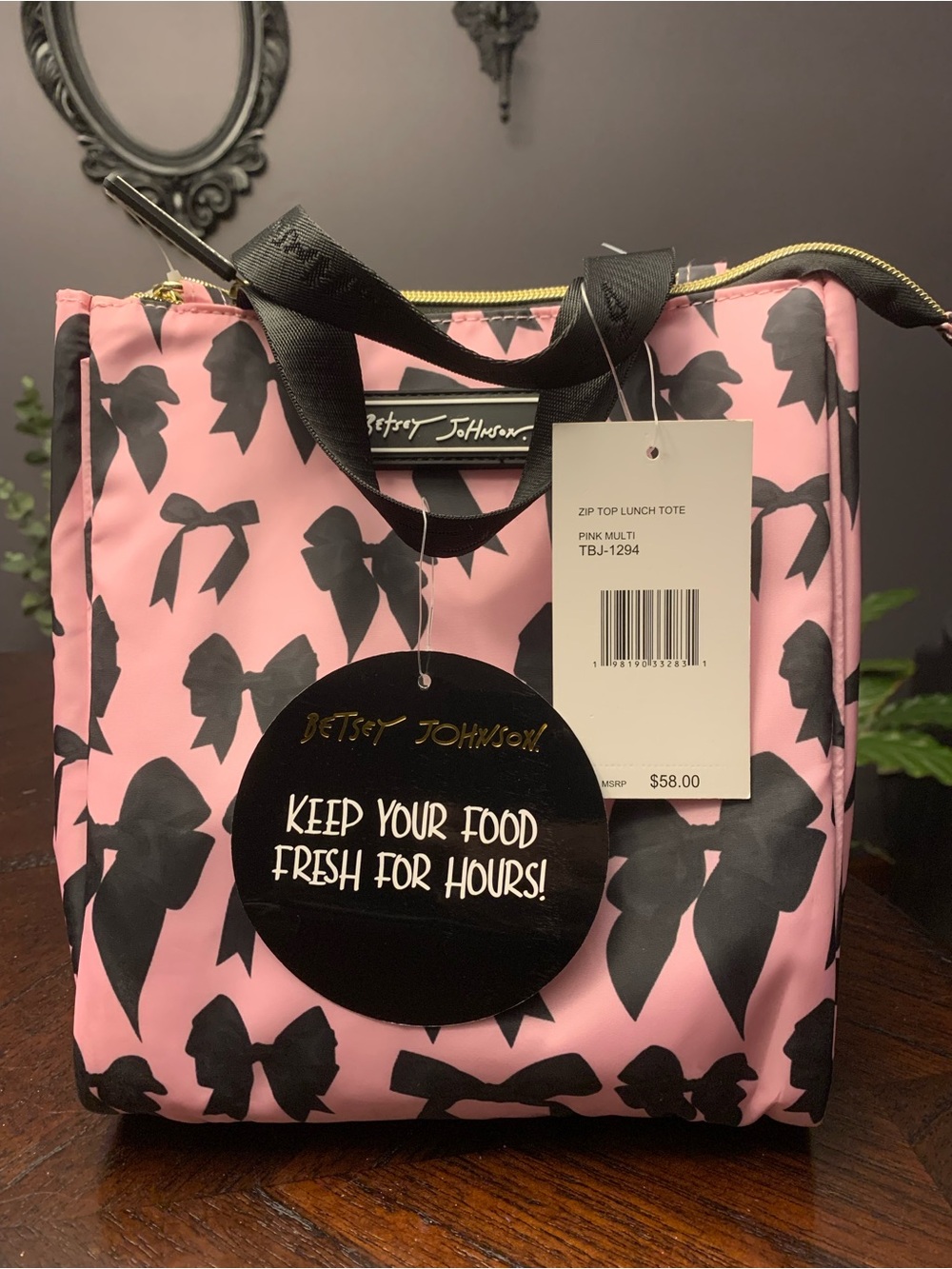 Betsey Johnson Pink and Black Bow-Print Zip-Top Lunch Tote